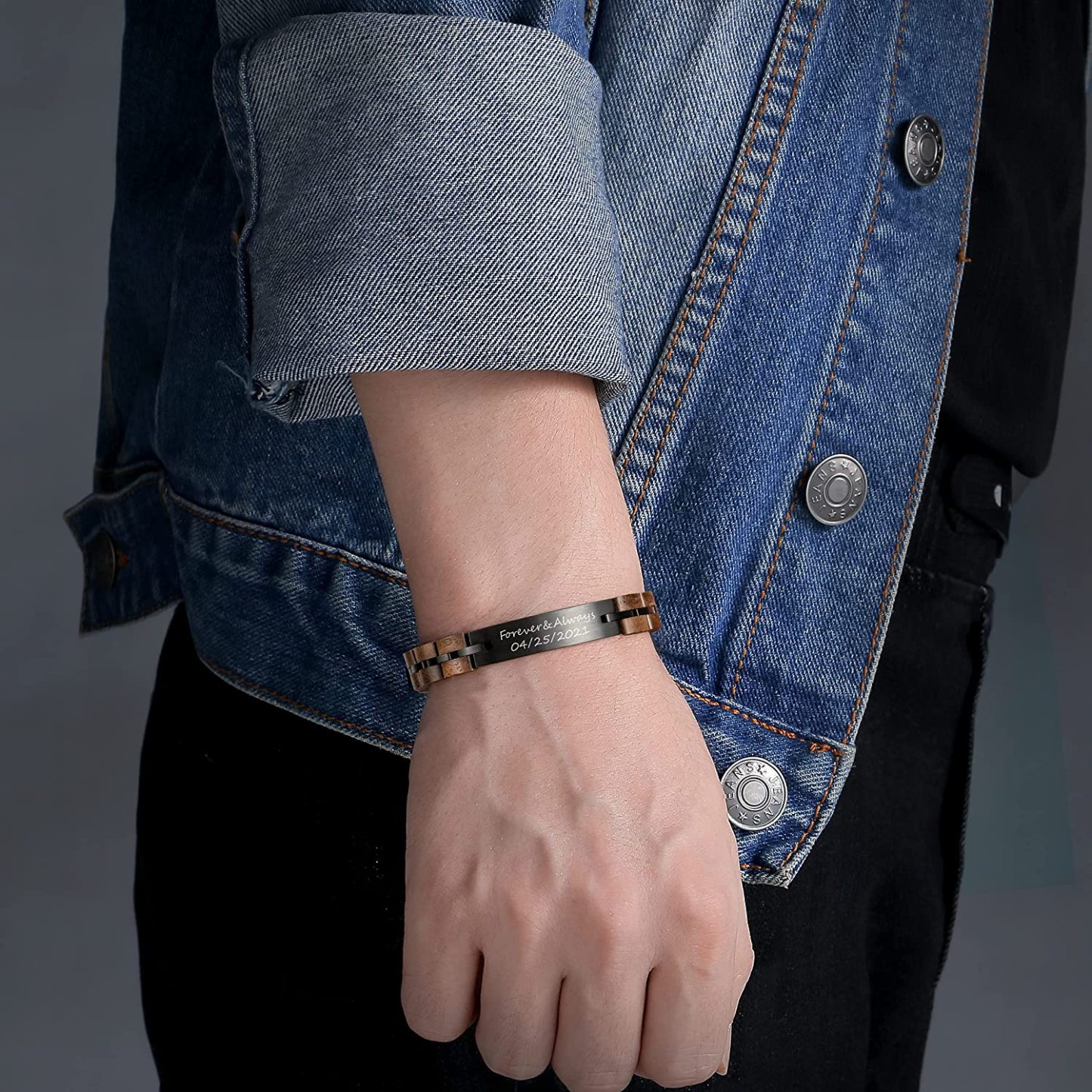 Christmas Gift Personalized ID Bar Bracelet in Black with Wood Link Chain Men Bracelet