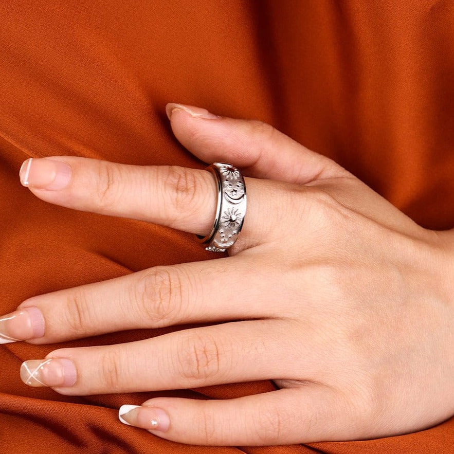 Mother's Day Gift 925 Sterling Silver Moon Star Sun Spinner Anxiety Ring-Engravingift