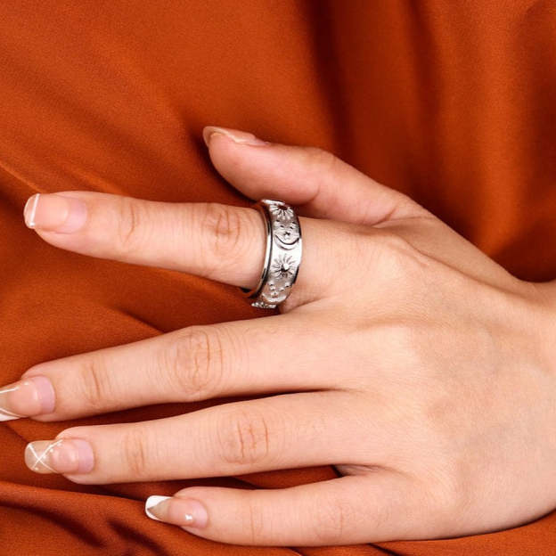 Mother's Day Gift 925 Sterling Silver Moon Star Sun Spinner Anxiety Ring-Engravingift
