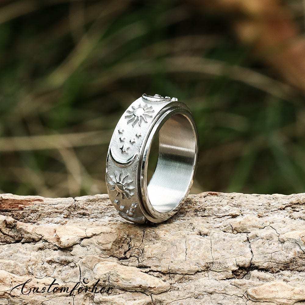 Mother's Day Gift 925 Sterling Silver Moon Star Sun Spinner Anxiety Ring-Engravingift