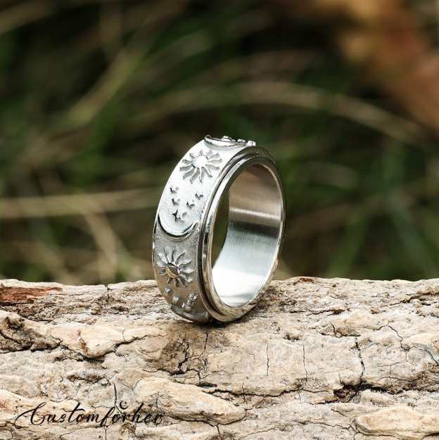 Mother's Day Gift 925 Sterling Silver Moon Star Sun Spinner Anxiety Ring-Engravingift
