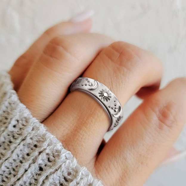 Mother's Day Gift 925 Sterling Silver Moon Star Sun Spinner Anxiety Ring-Engravingift