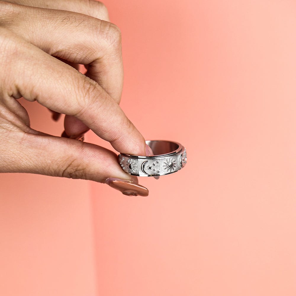 Mother's Day Gift 925 Sterling Silver Moon Star Sun Spinner Anxiety Ring-Engravingift