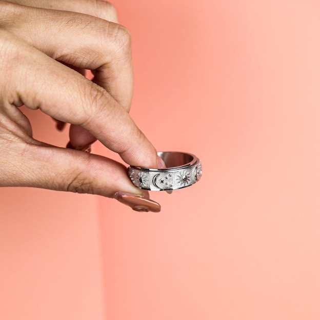 Mother's Day Gift 925 Sterling Silver Moon Star Sun Spinner Anxiety Ring-Engravingift