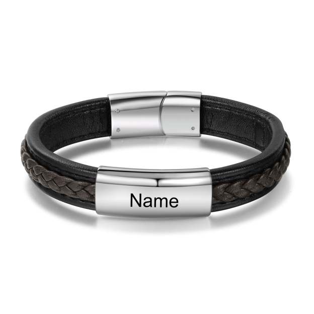 Christmas Gift Men Leather Bracelet Personalized Name ID Bar Bracelet for Him