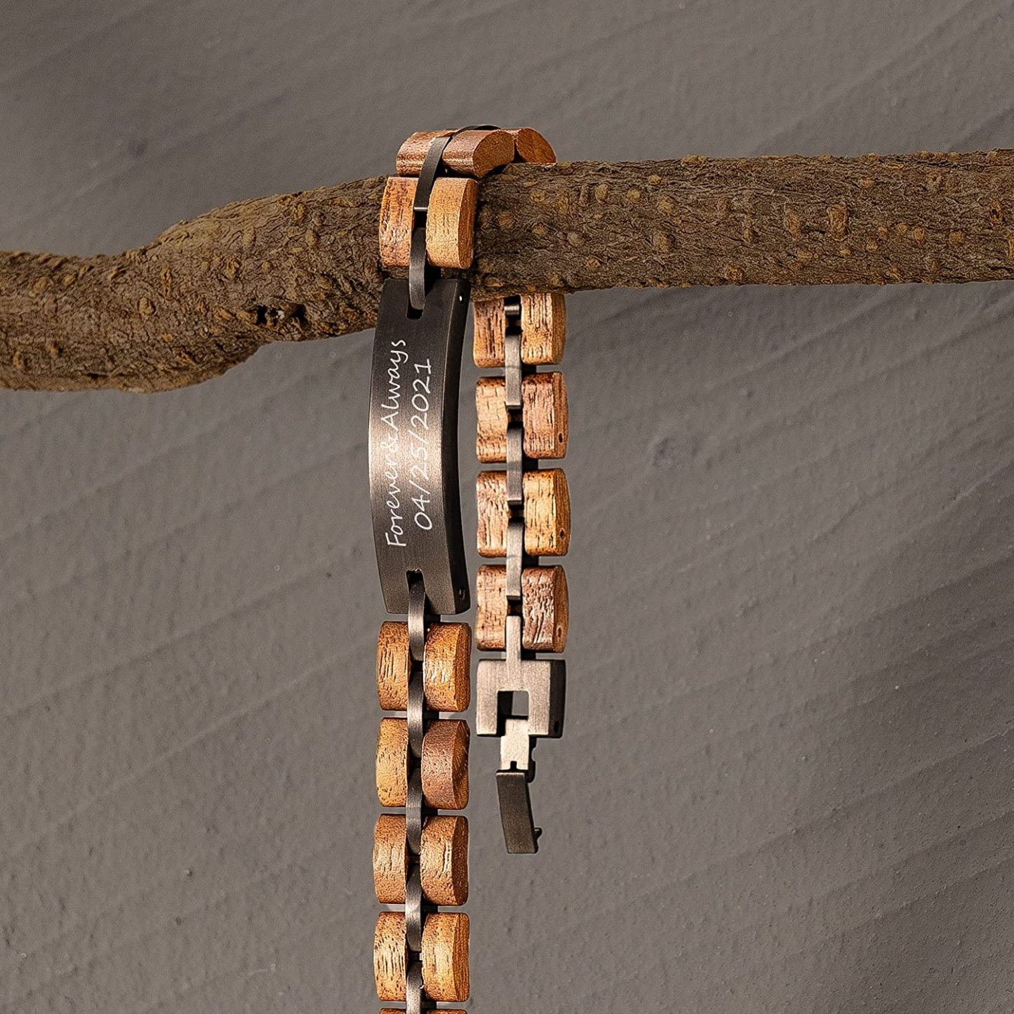 Christmas Gift Personalized ID Bar Bracelet in Black with Wood Link Chain Men Bracelet