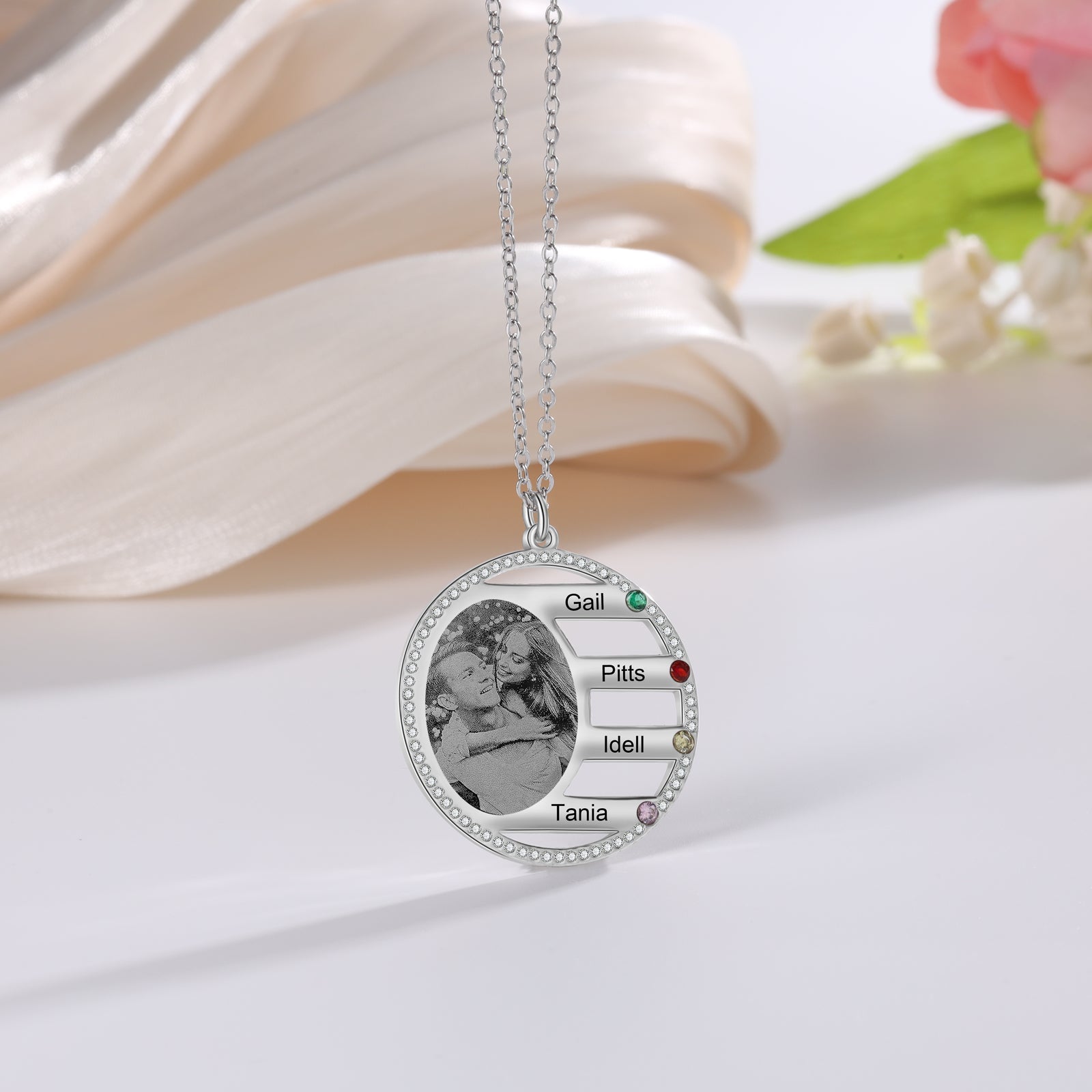 Mother's Day Gift Custom Photo Pendant Necklace with 4 Birthstones Anniversary Birthday Gift for Mother Grandma-Engravingift
