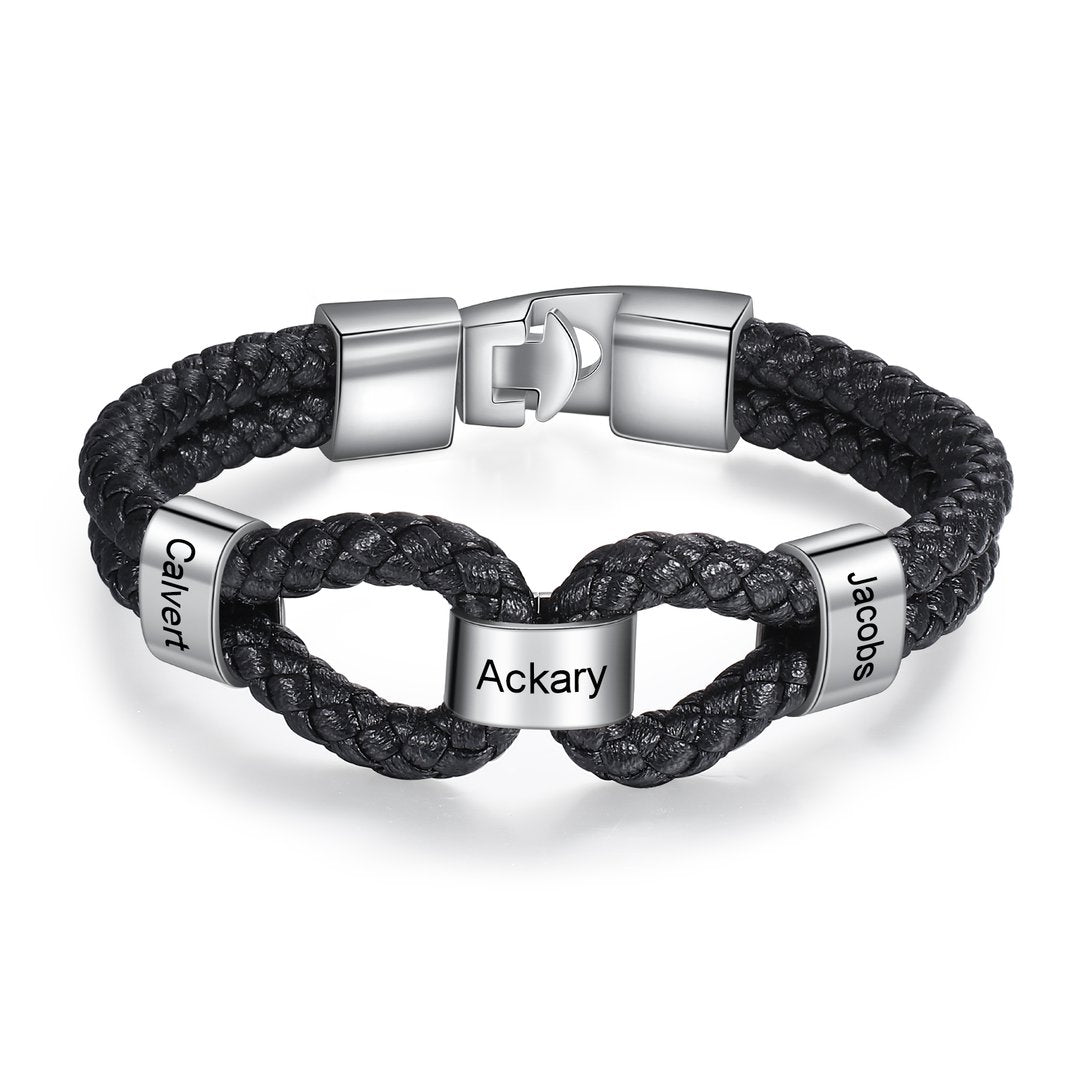 Christmas Gift Braided Leather Bracelet With Beads Engraved Names