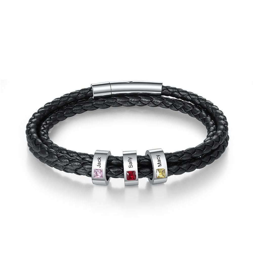 Father's Day Gift Personalized Mens Leather Bracelet  Beads with Birthstones