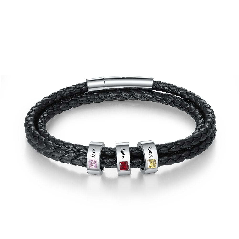Father's Day Gift Personalized Mens Leather Bracelet Beads with Birthstones