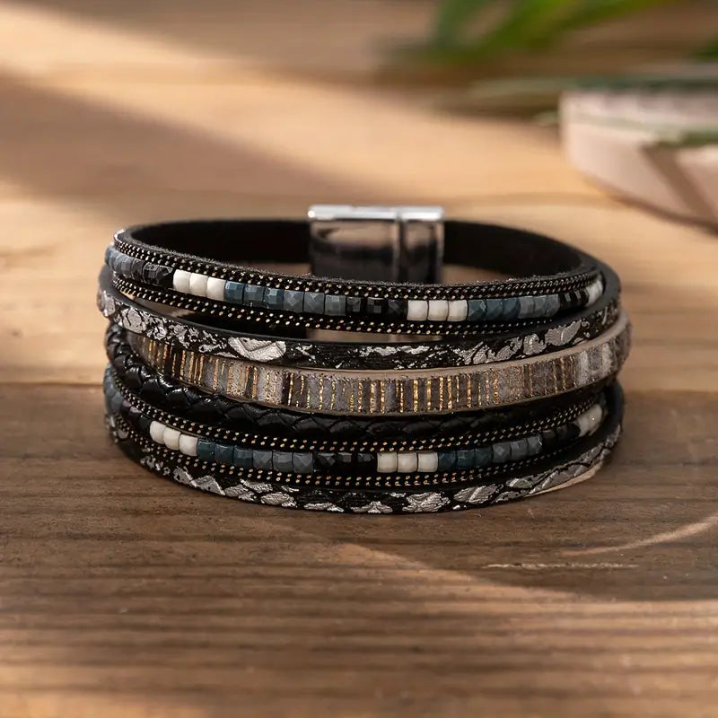 Mother's Day Gift Colorful PU Leather Bracelet With Magnetic Buckle Multi-layer Wrap Bracelet-Engravingift