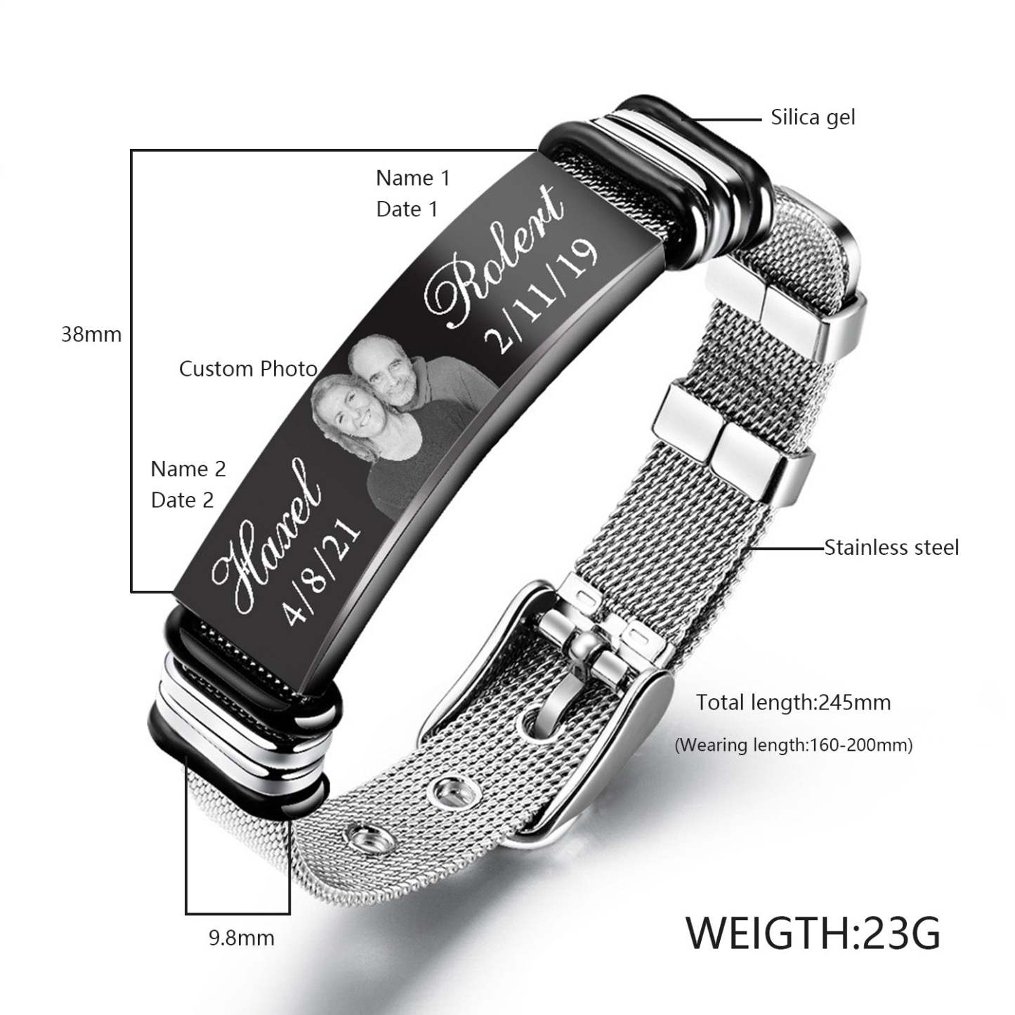 Christmas Gift Personalized Photo Bracelet Engraved Names and Dates ID Bar Bracelet for Men Women