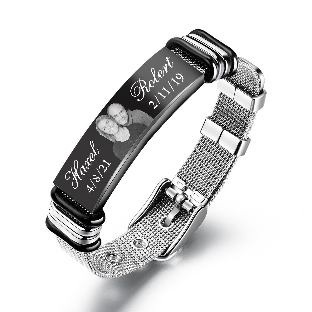 Christmas Gift Personalized Photo Bracelet Engraved Names and Dates ID Bar Bracelet for Men Women
