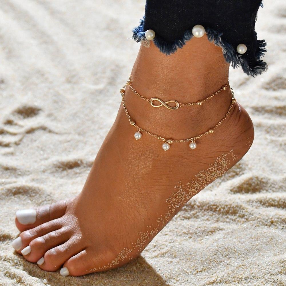 Christmas Gift Beads Infinity Anklets Two Layer Ankle Bracelets for Women Foot Beach Jewelry