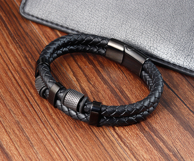 Father's Day Gift Men Braided Leather Bracelets Layered Beads Bracelets with Magnetic Clasp Gifts for Him-Engravingift