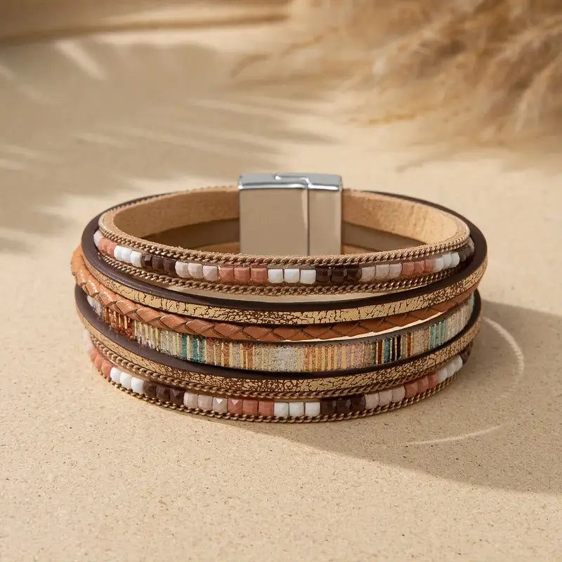 Mother's Day Gift Colorful PU Leather Bracelet With Magnetic Buckle Multi-layer Wrap Bracelet-Engravingift