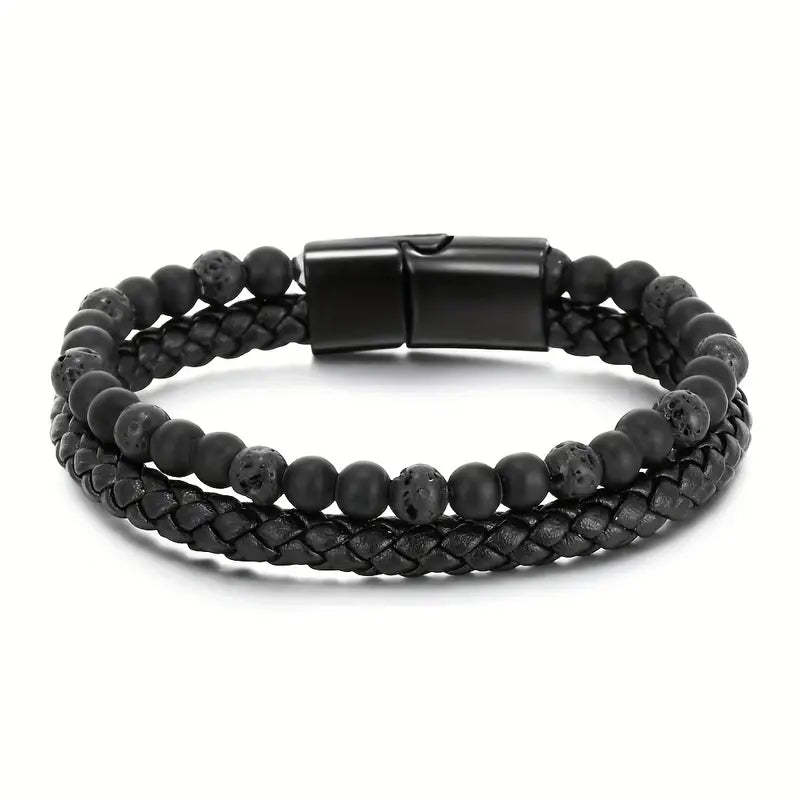 Father's Day Gift Fashion Double Layer Leather Handmade Braided Bracelet Natural Tiger Eye Stone Beaded Bangle-Engravingift