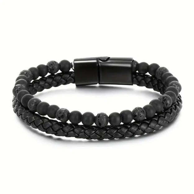 Father's Day Gift Fashion Double Layer Leather Handmade Braided Bracelet Natural Tiger Eye Stone Beaded Bangle-Engravingift