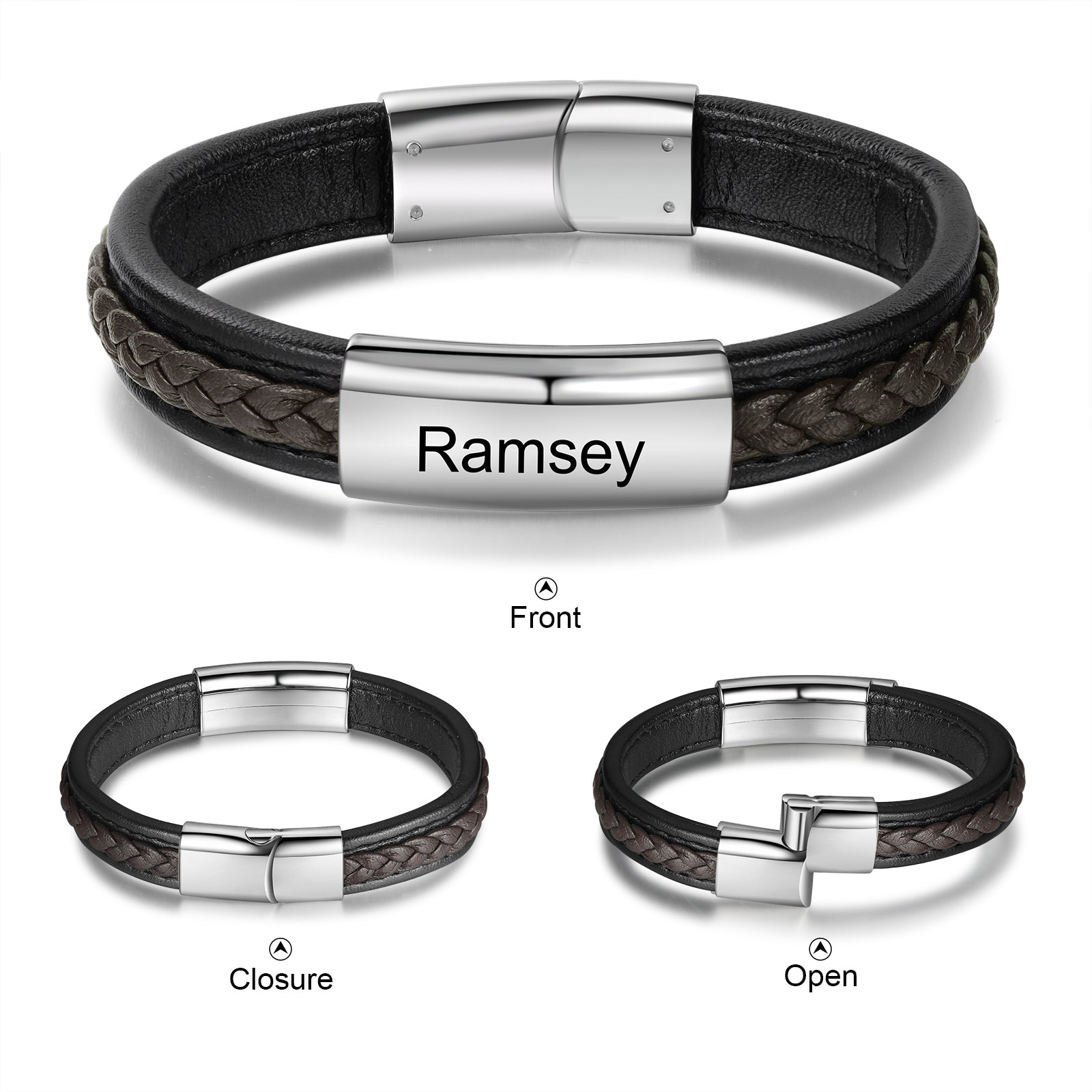 Christmas Gift Men Leather Bracelet Personalized Name ID Bar Bracelet for Him