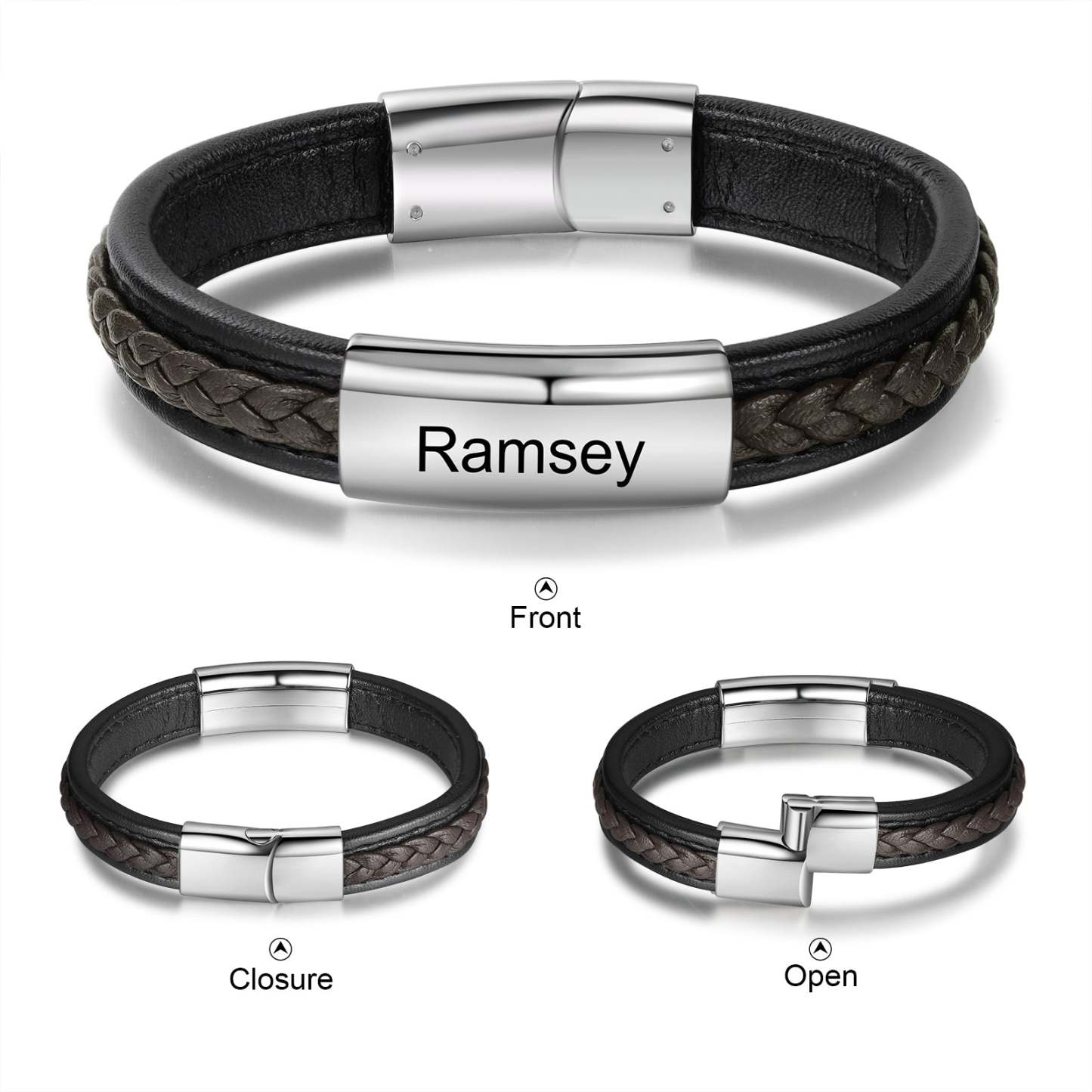 Christmas Gift Men Leather Bracelet Personalized Name ID Bar Bracelet for Him