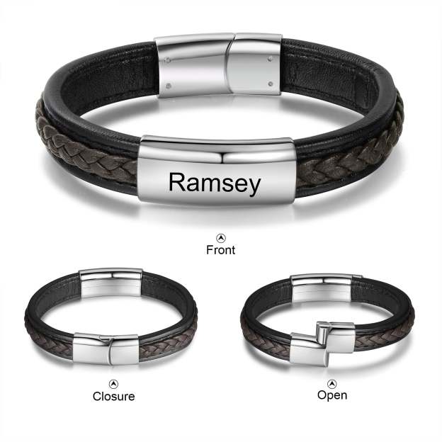 Christmas Gift Men Leather Bracelet Personalized Name ID Bar Bracelet for Him