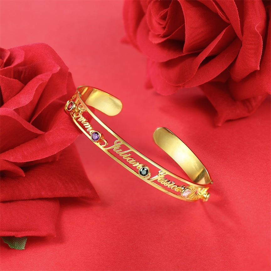 Mother's Day Gift Personalized Name Bangle Bracelet Custom 4 Names and 5 Birthstones Bracelet for Her-Engravingift