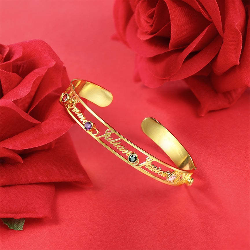 Mother's Day Gift Personalized Name Bangle Bracelet Custom 4 Names and 5 Birthstones Bracelet for Her-Engravingift