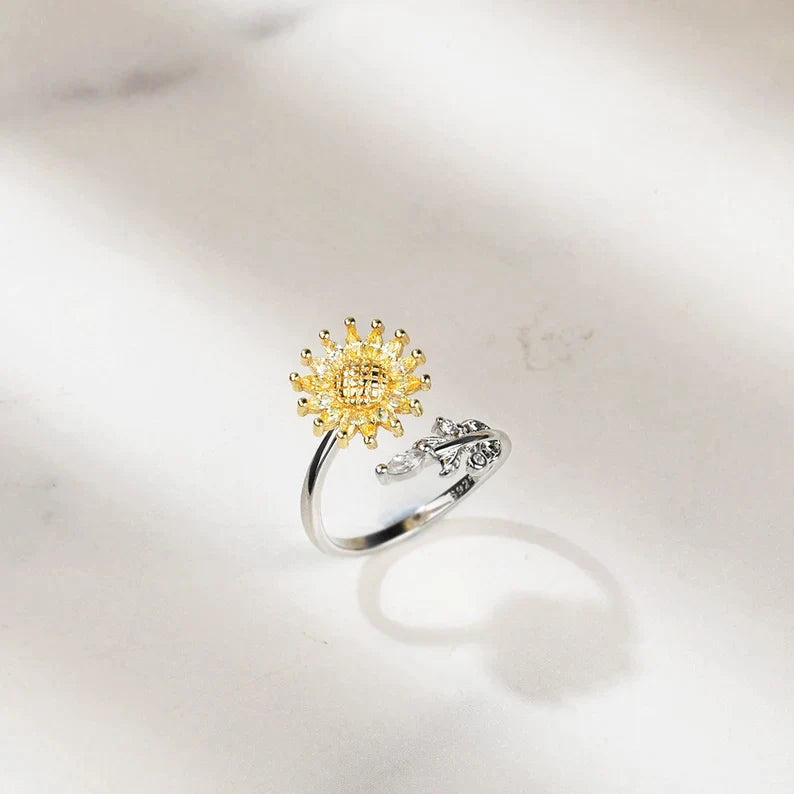Mother's Day Gift For Daughter-S925 Sunflower Fidget Ring Anxiety Spinning Ring" It Can Drive Away Your Anxiety"-Engravingift