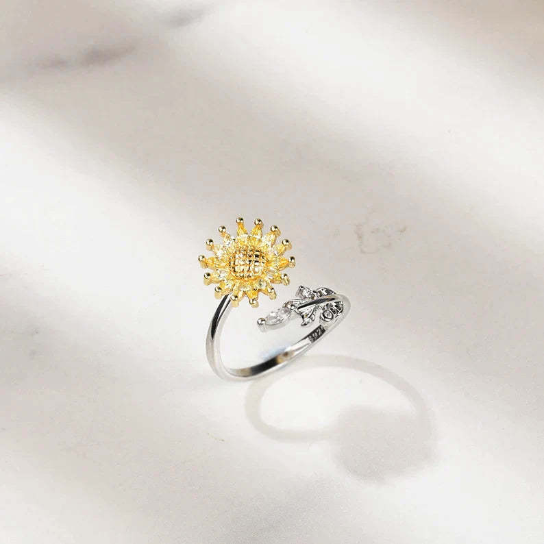 Mother's Day Gift For Daughter-S925 Sunflower Fidget Ring Anxiety Spinning Ring" It Can Drive Away Your Anxiety"-Engravingift