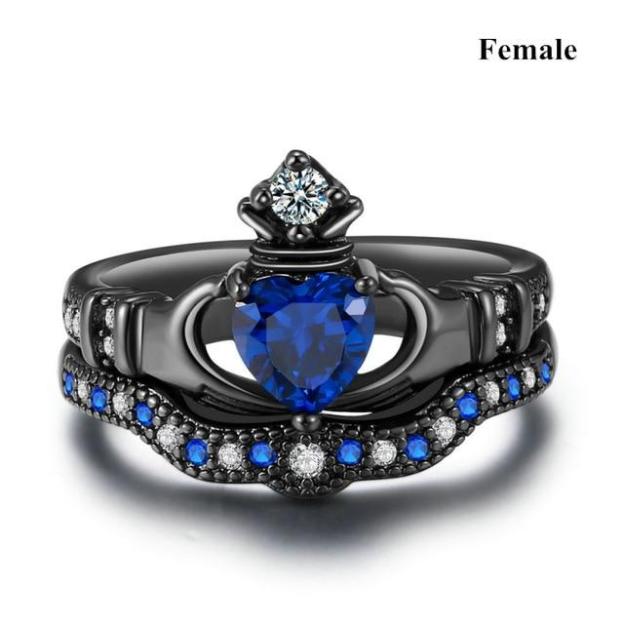 Valentine's Day Gift Wedding rings set his and hers-Couples Ring Set Clear Black & Blue Zirconia