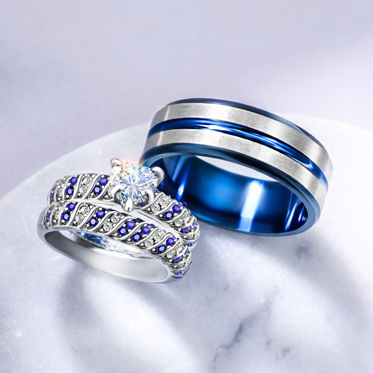 Valentine's Day Gift Wedding rings set his and hers-Couples Ring Set BLUE OCEAN RINGS