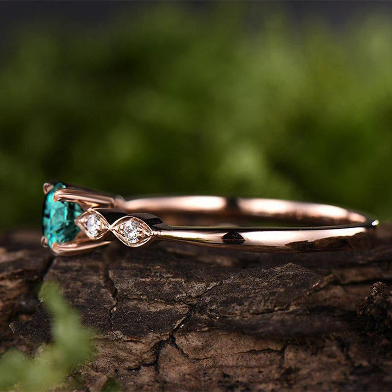 Mother's Day Gift Rose Gold 1.0 Carat Emerald Green Round Cut Promise Ring For Her Sterling Silver-Engravingift