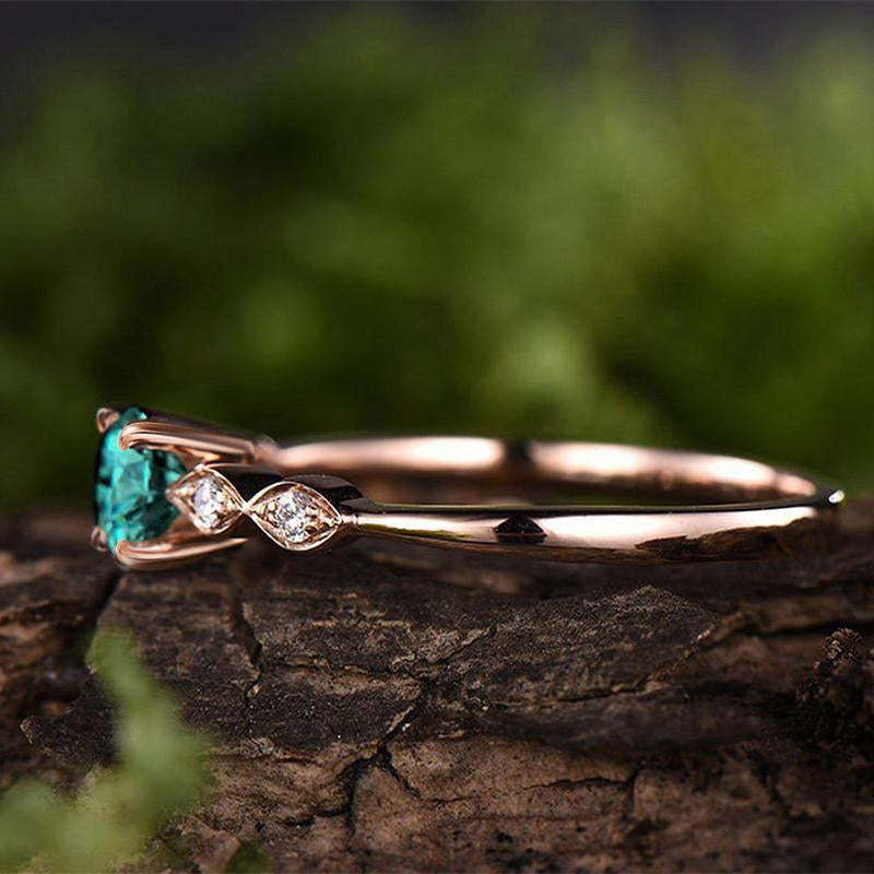 Mother's Day Gift Rose Gold 1.0 Carat Emerald Green Round Cut Promise Ring For Her Sterling Silver-Engravingift