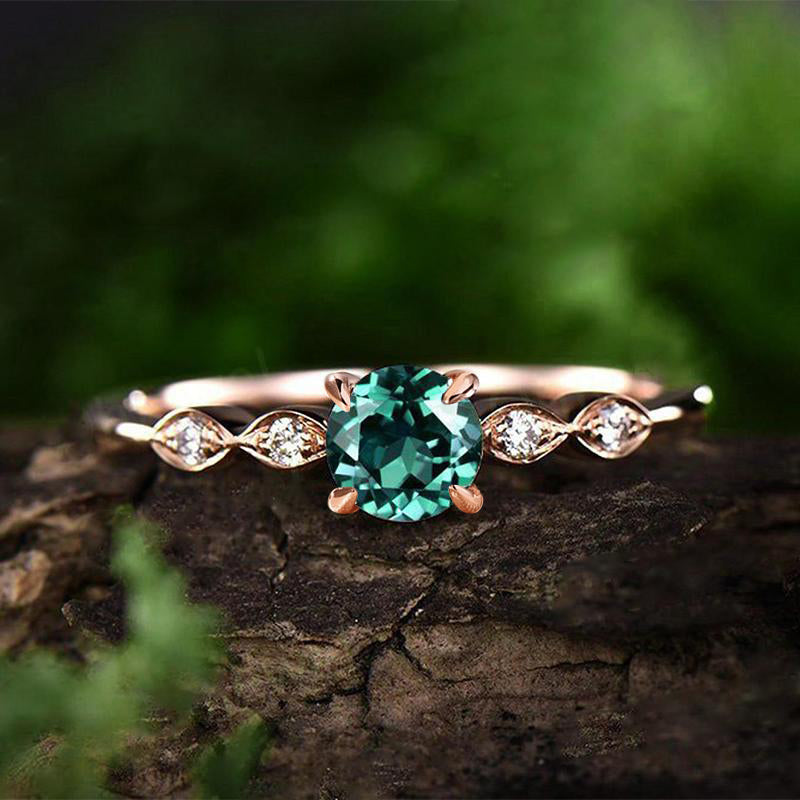 Mother's Day Gift Rose Gold 1.0 Carat Emerald Green Round Cut Promise Ring For Her Sterling Silver-Engravingift