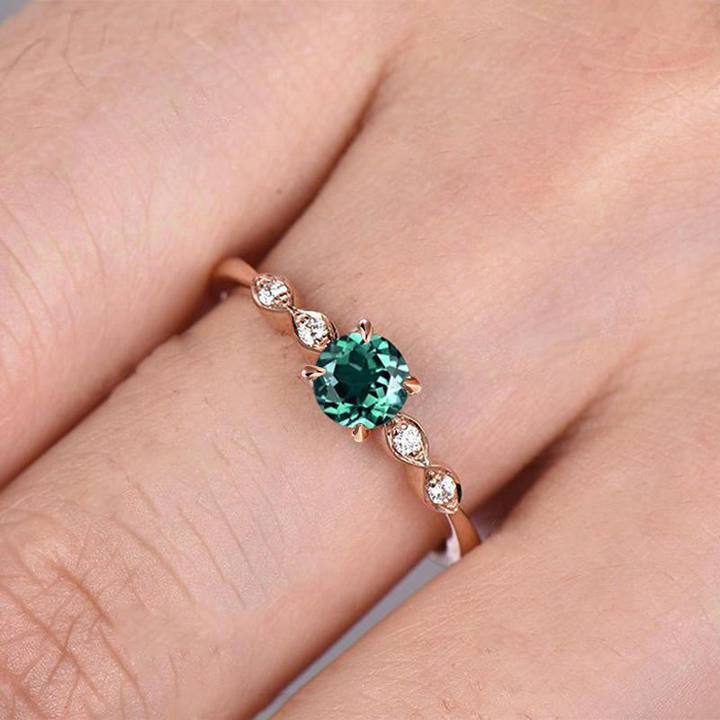 Mother's Day Gift Rose Gold 1.0 Carat Emerald Green Round Cut Promise Ring For Her Sterling Silver-Engravingift