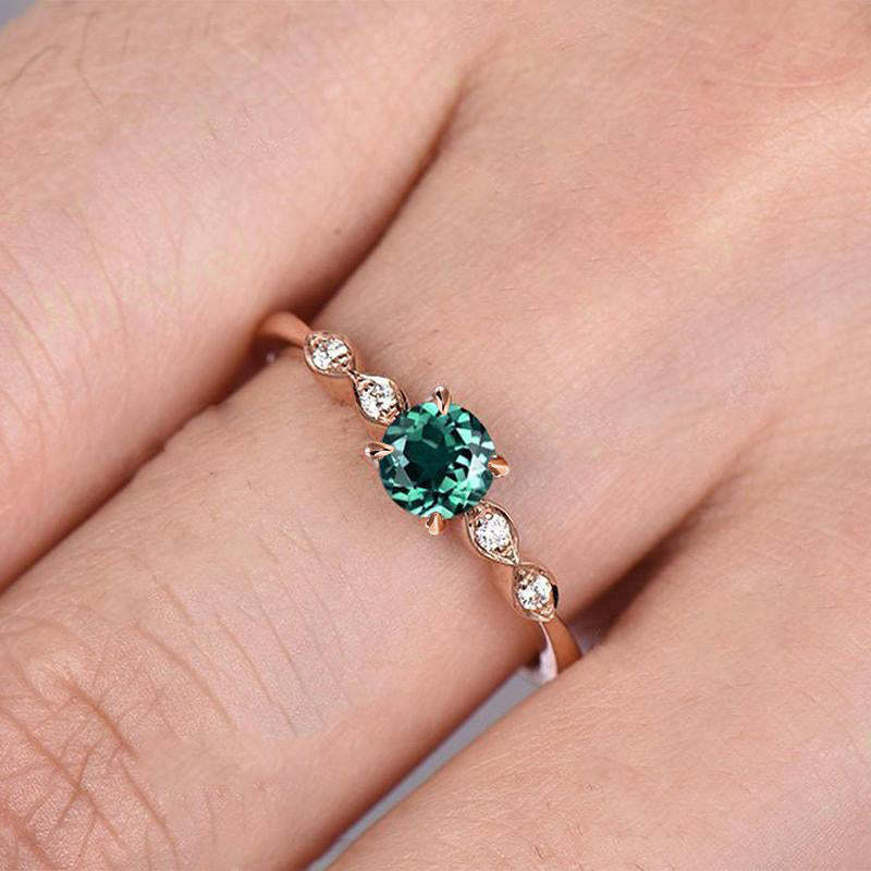 Mother's Day Gift Rose Gold 1.0 Carat Emerald Green Round Cut Promise Ring For Her Sterling Silver-Engravingift