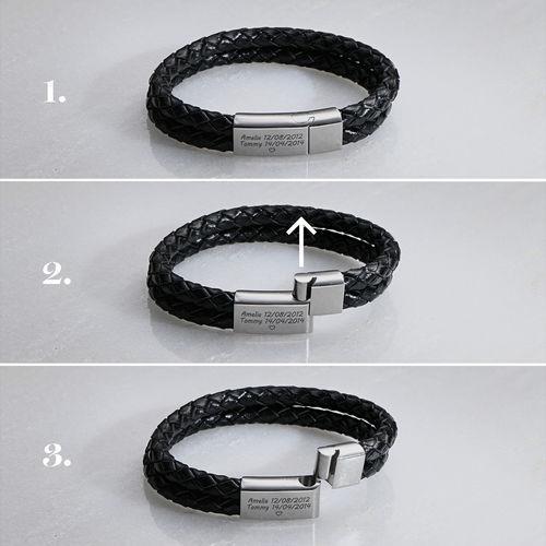 Christmas Gift Engraved Bracelet for Men with Black Leather