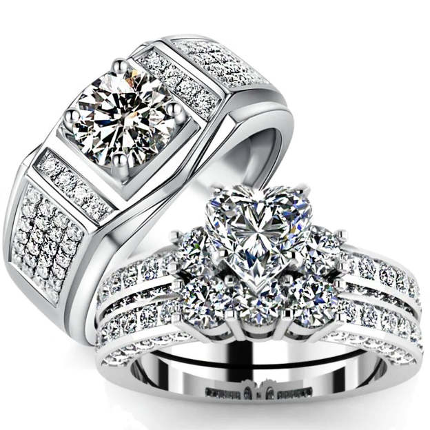 Valentine's Day Gift Wedding rings set his and hers-Couples Ring Set SPRING HEART RINGS