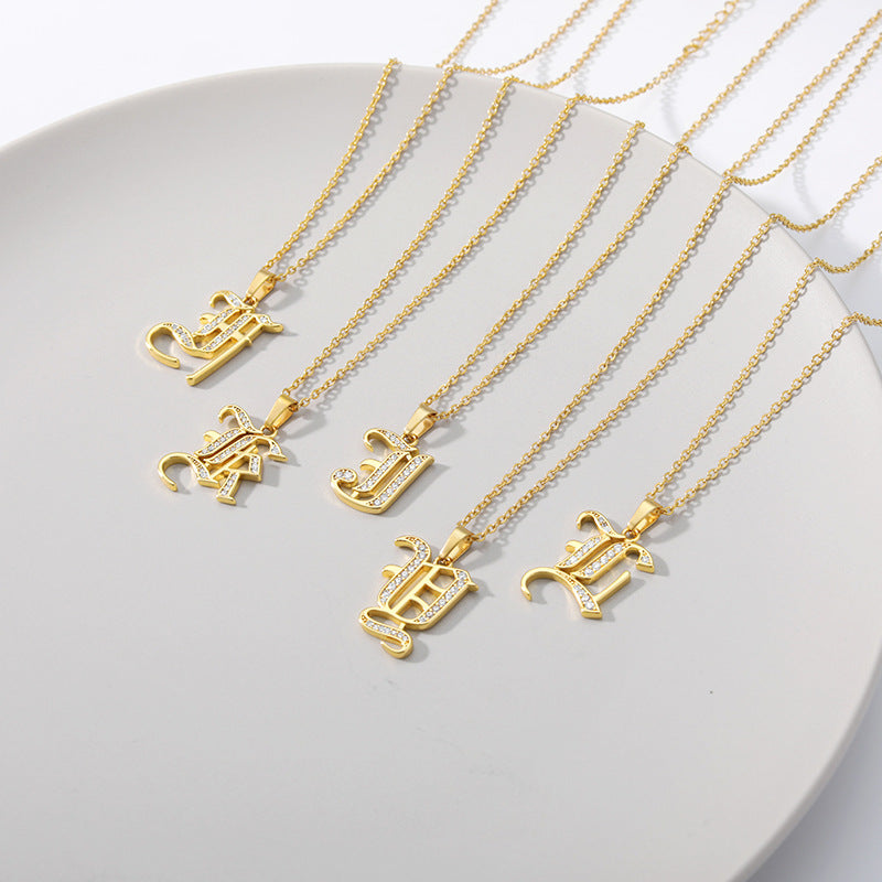 Mother's Day Gift Old English Pave Initial Necklace-Engravingift