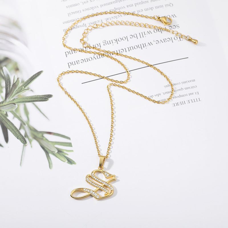 Mother's Day Gift Old English Pave Initial Necklace-Engravingift