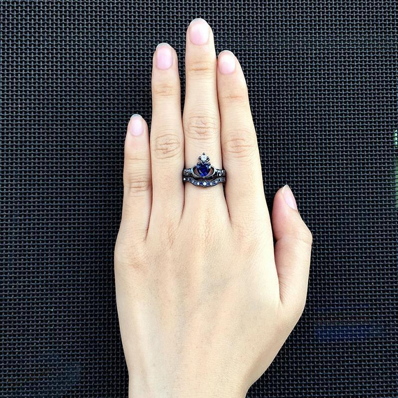 Valentine's Day Gift Wedding rings set his and hers-Couples Ring Set Clear Black & Blue Zirconia