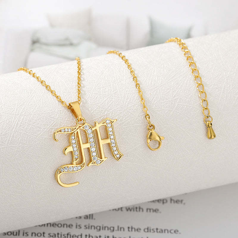 Mother's Day Gift Old English Pave Initial Necklace-Engravingift
