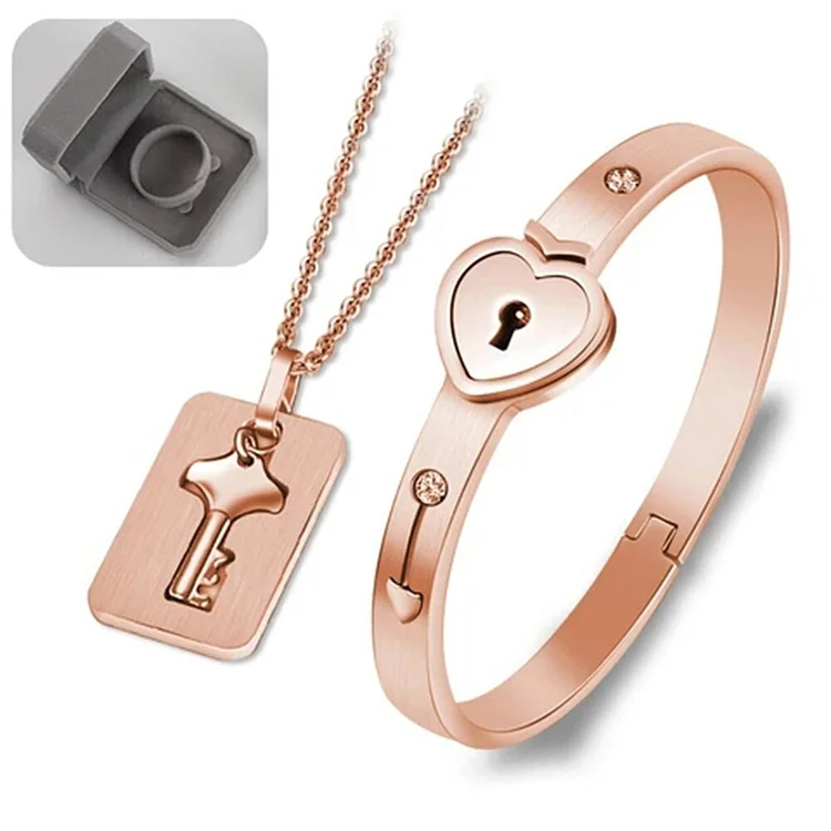 Key to My Heart Couple Key Necklace and Love Lock Bracelet