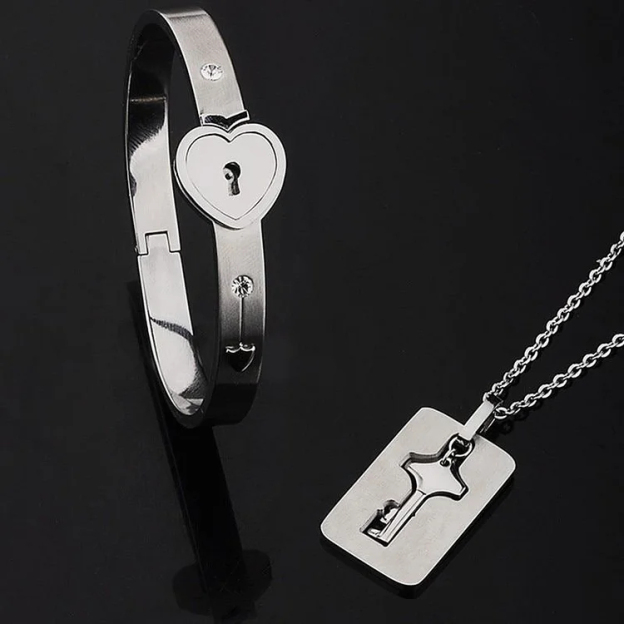 Key to My Heart Couple Key Necklace and Love Lock Bracelet