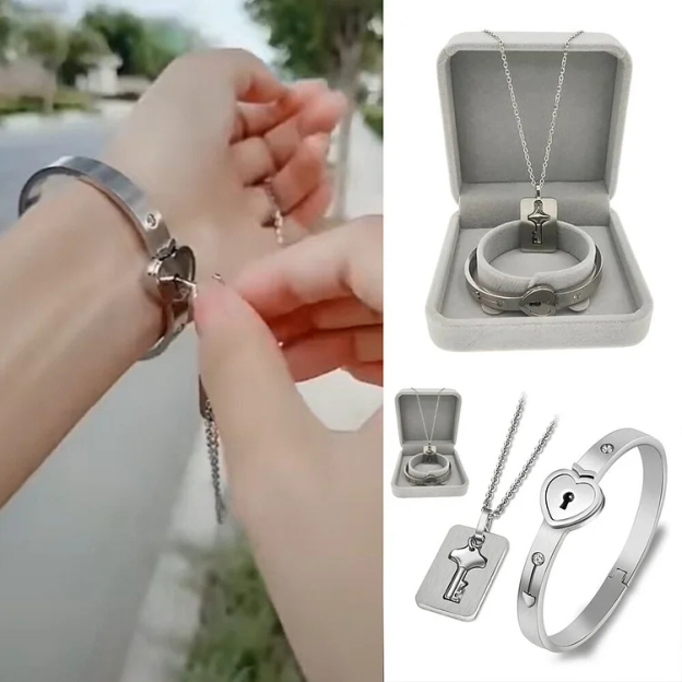 Key to My Heart Couple Key Necklace and Love Lock Bracelet