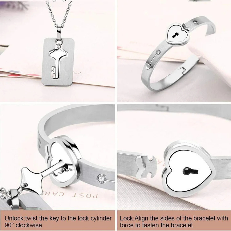 Key to My Heart Couple Key Necklace and Love Lock Bracelet