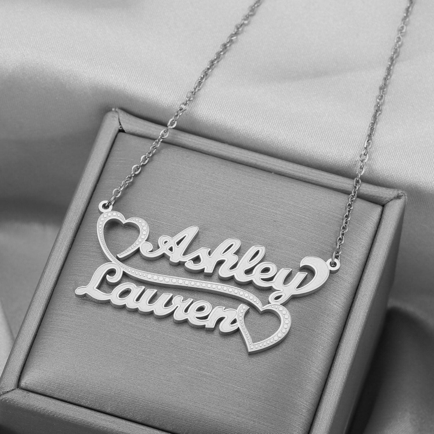 Christmas Gift Two Love Hearts Couple Name Necklace