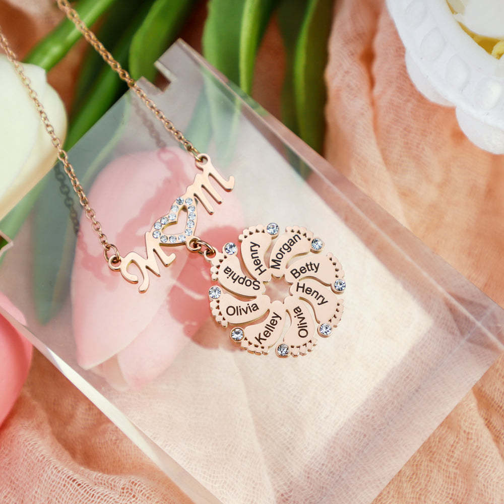 Mother's Day Gift Mom Circle Pendant with Custom Diamond Baby Feet Necklace-Engravingift