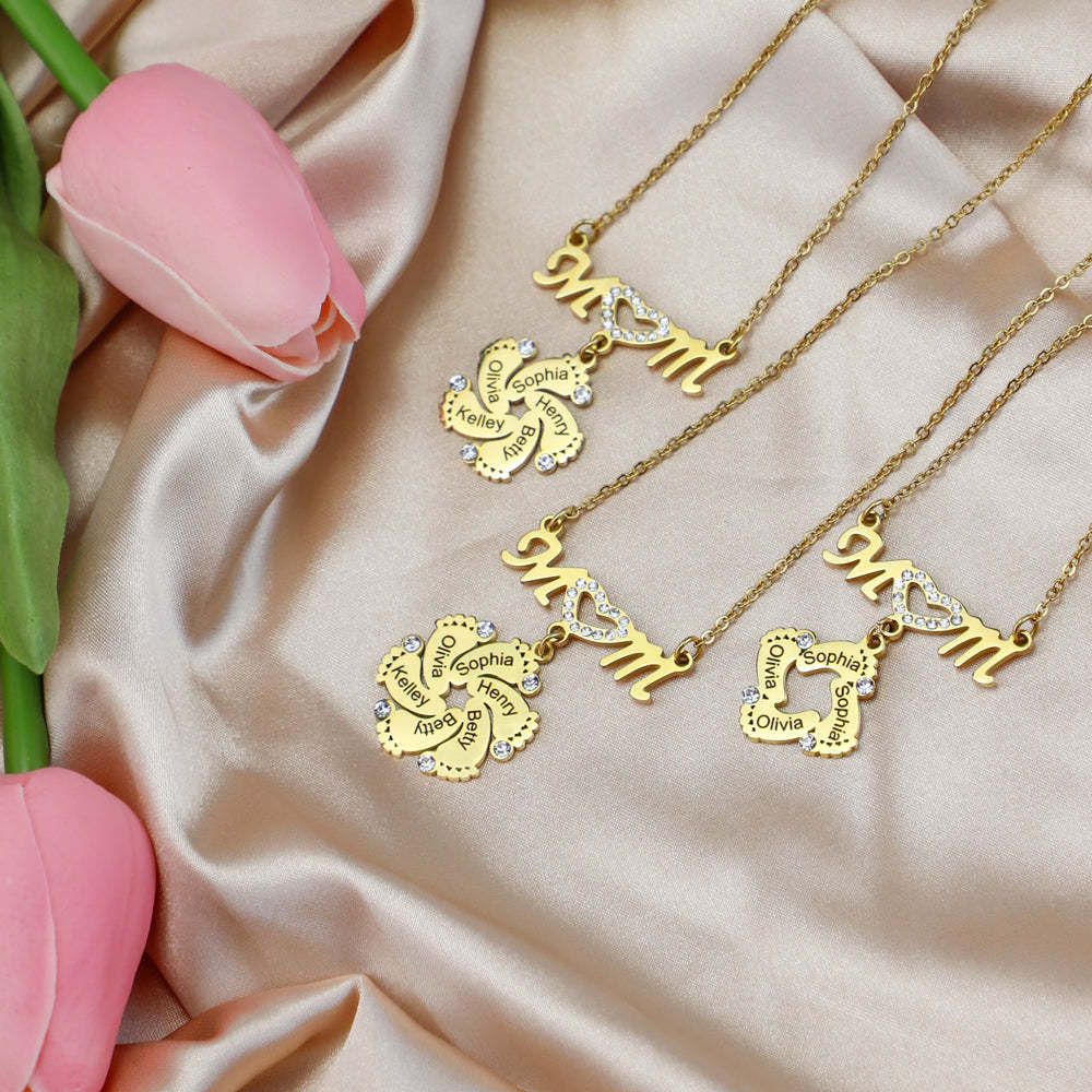 Mother's Day Gift Mom Circle Pendant with Custom Diamond Baby Feet Necklace-Engravingift