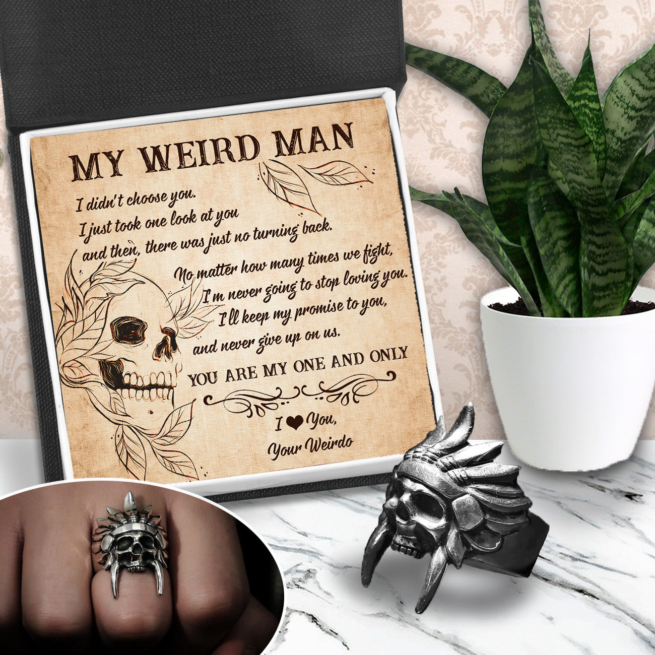 Valentine's Day gift Tribal Chief Ring - Skull & Tattoo - My Weird Man - You Are My One And Only
